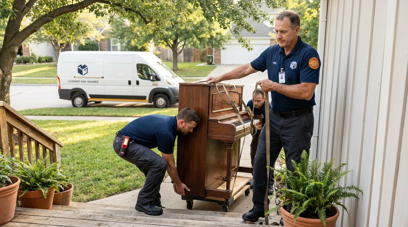 Licensed piano movers securing grand piano in Franklinton, NC