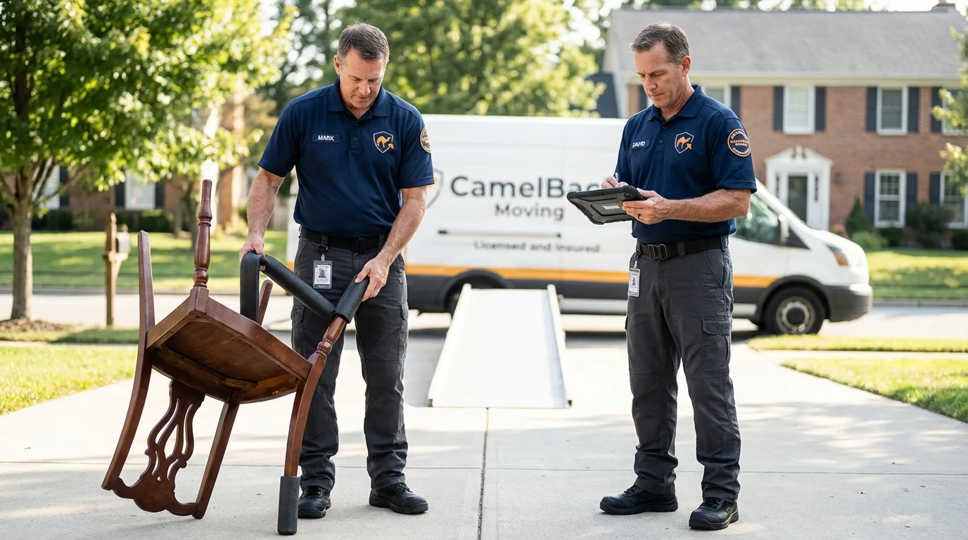 Movers inspecting furniture for damage prevention before loading in Franklinton, NC