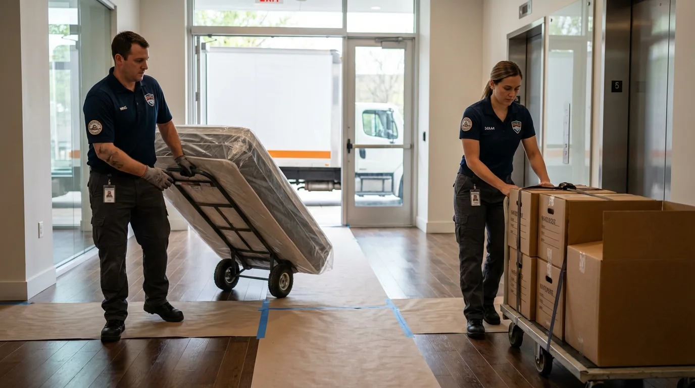 Professional apartment movers loading elevator in Franklinton, NC