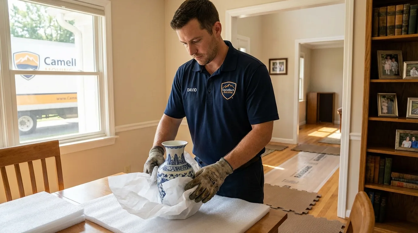 Professional crew carefully wrapping antique vase for senior downsizing move in Franklinton, NC