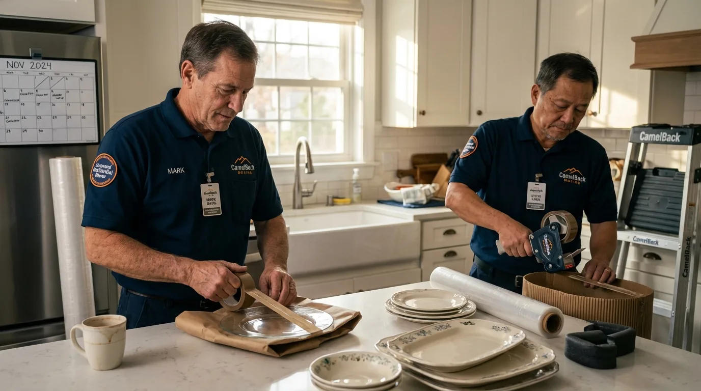 Professional crew packing kitchen dishware in Franklinton, NC